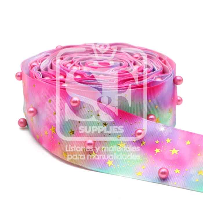 Yarda de Listón Holograma con Perlas 3.8cm Acuarela Pastel Estrellas