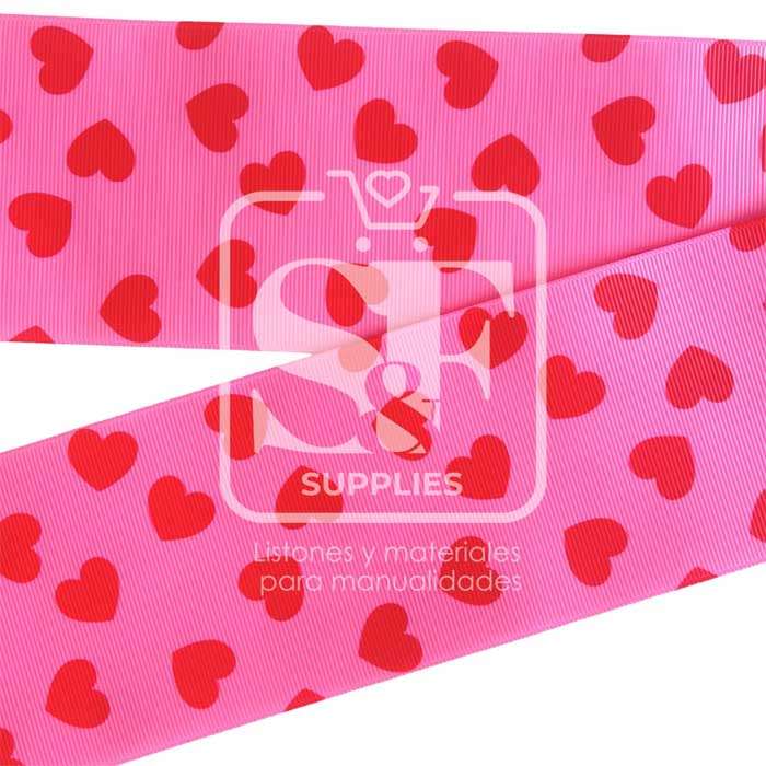 Yarda de Listón Estampado 7.5cm Rosa Corazones Rojos