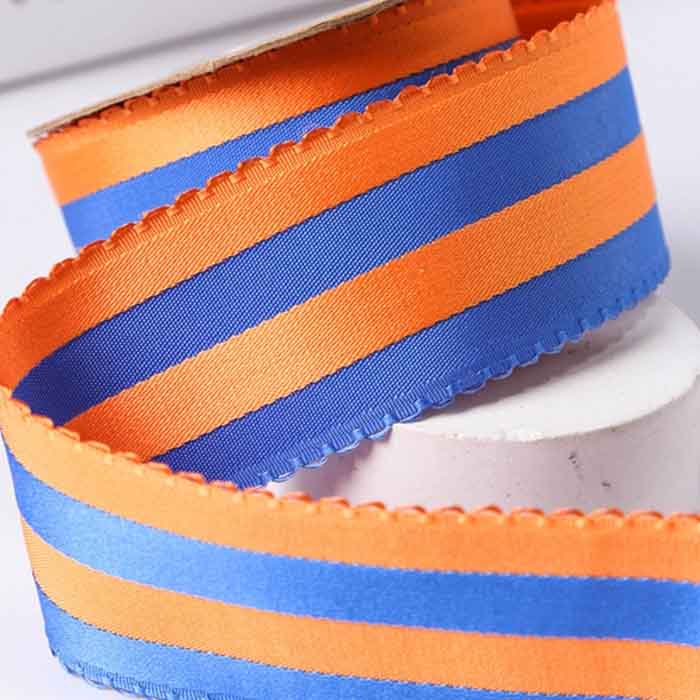 Yarda de Satinado 3.8cm Bicolor Franjas Azul-Naranja