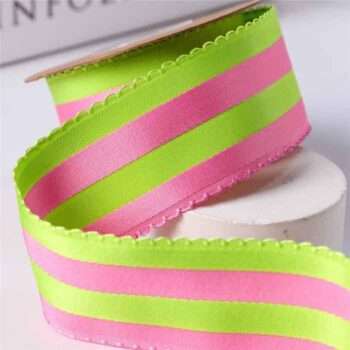 Yarda de Satinado 3.8cm Bicolor Franjas Verde-Rosa