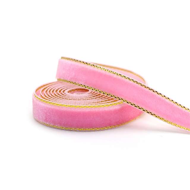 Yarda de Listón Terciopelo 1cm Rosa Bebé Orilla Dorada
