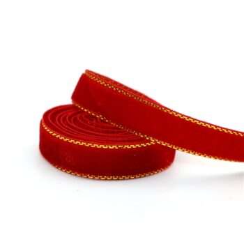 Yarda de Listón Terciopelo 1cm Rojo Orilla Dorada