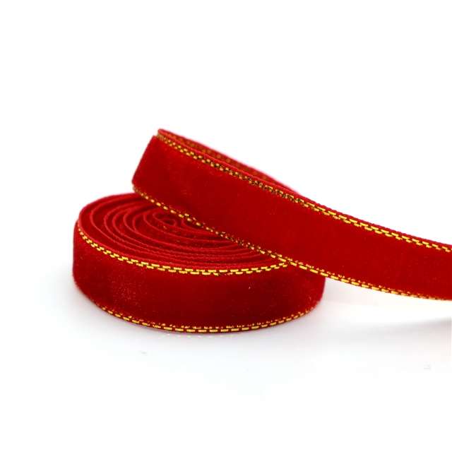 Yarda de Listón Terciopelo 1cm Rojo Orilla Dorada