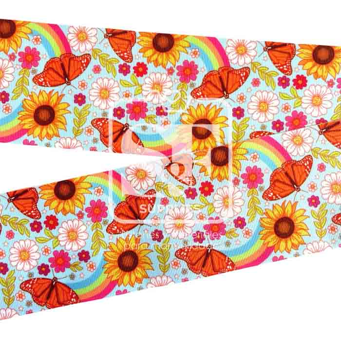 Yarda Estampado 7.5cm Flores, Mariposas y Arcoiris