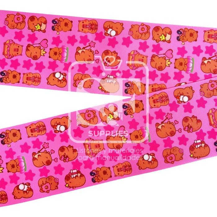 Yarda Estampado 7.5cm Capibara Rosa Estrellas