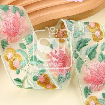 Organza Bordada de Flores Rosa y Amarillo