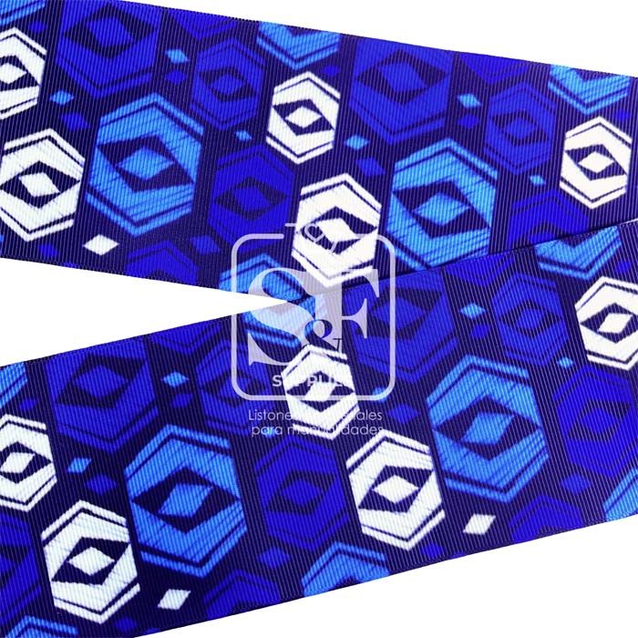Yarda de Listón Estampado 7.5cm Azul y Blanco