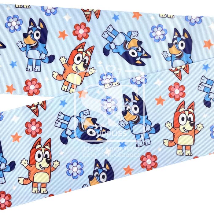 Yarda Estampado 7.5cm Bluey y Bingo Flores y Estrellas