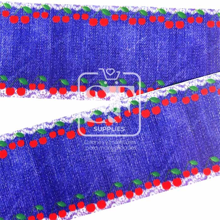 Yarda Estampado 7.5cm Denim Cherries