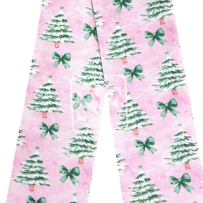 Yarda de Listón Estampado 7.5cm Navidad en Verde y Rosa