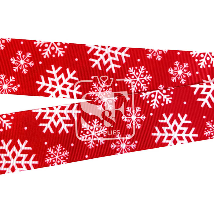 Yarda de Listón Estampado 3.8 Rojo Intenso con Copos