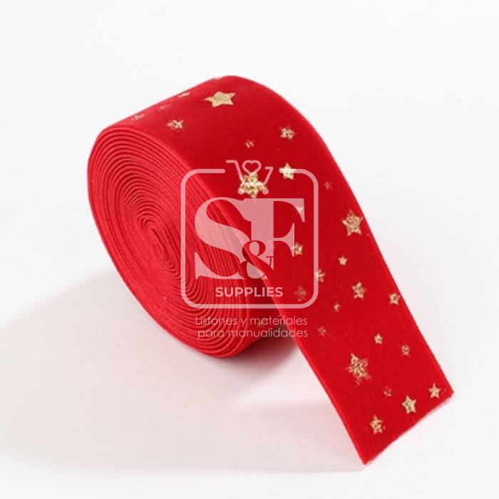 Yarda de Terciopelo 3.8cm Rojo Estrellas D.
