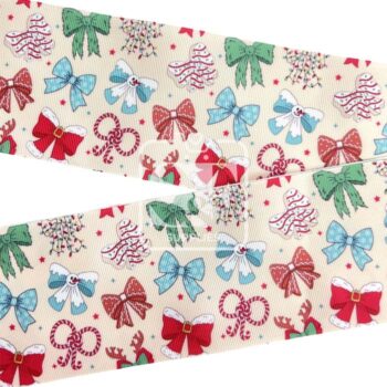 Yarda de Estampado 7.5cm Moños Personajes Navideños