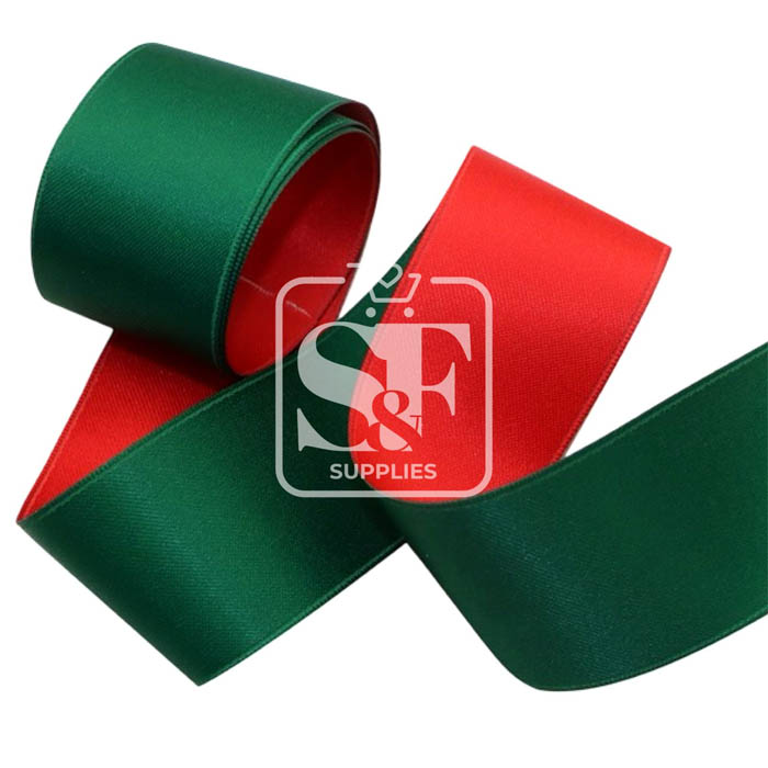 Yarda de Listón 3.8cm Satinado Doble Cara - Rojo y Botella