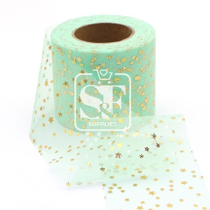 Yarda de Tul Aqua con Estrellas Doradas