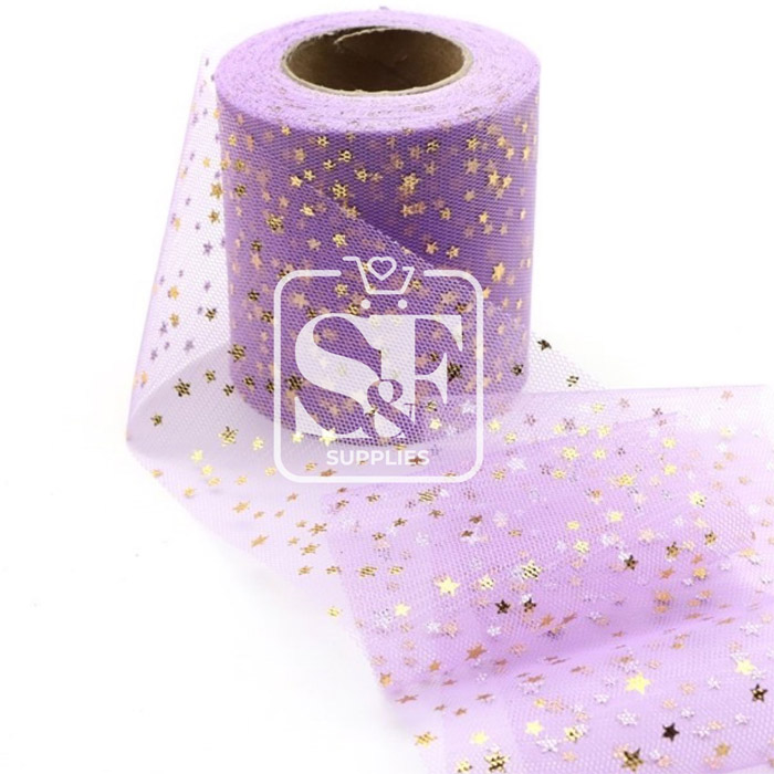 Yarda de Tul Lila con Estrellas Doradas