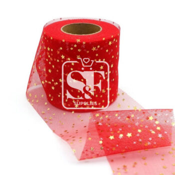 Yarda de Tul Rojo con Estrellas Doradas