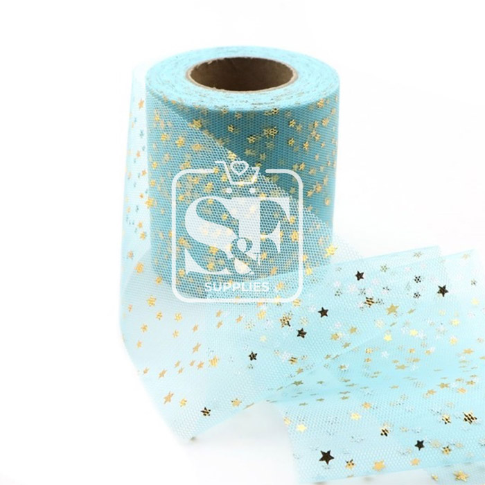 Yarda de Tul Turquesa con Estrellas Doradas