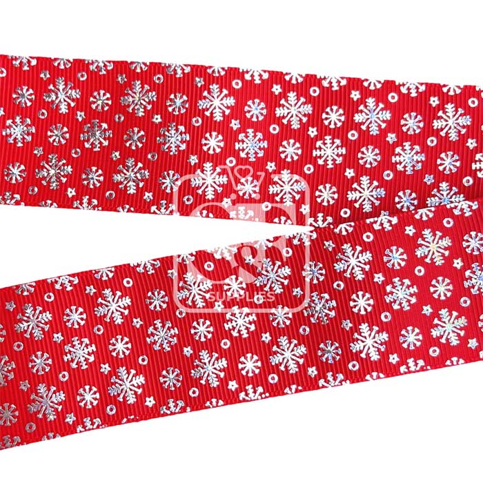 Yarda de Listón 3.8 Rojo - Holograma Copos Plateados