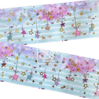 Yarda de Listón 7.5 Aqua - Holograma Estrellas Doradas