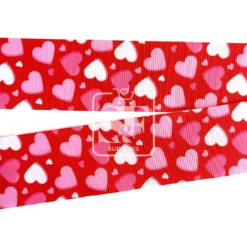 Yarda de Estampado 3.8cm Rojo Corazones Rosa y Blanco