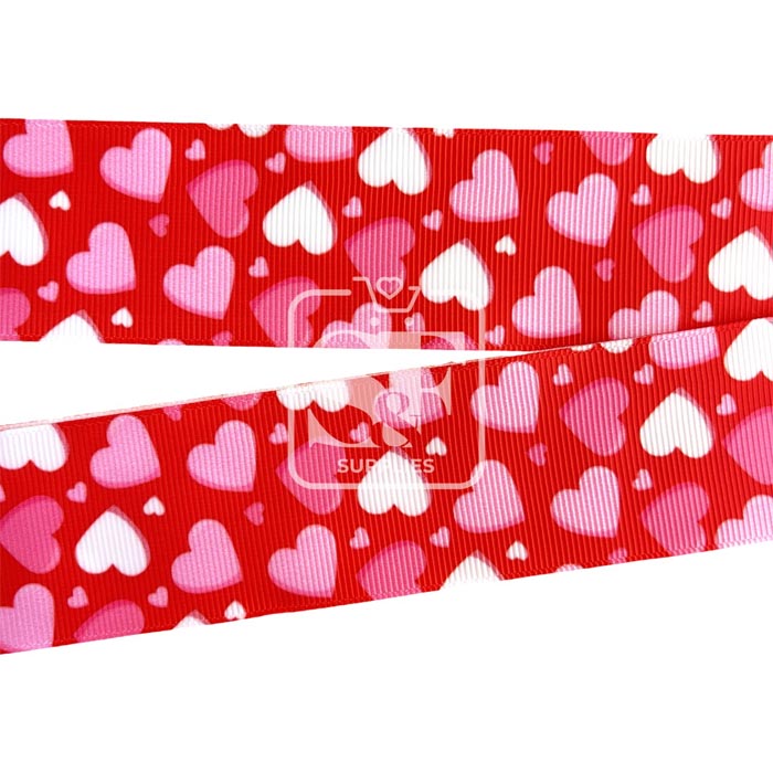 Yarda de Estampado 3.8cm Rojo Corazones Rosa y Blanco