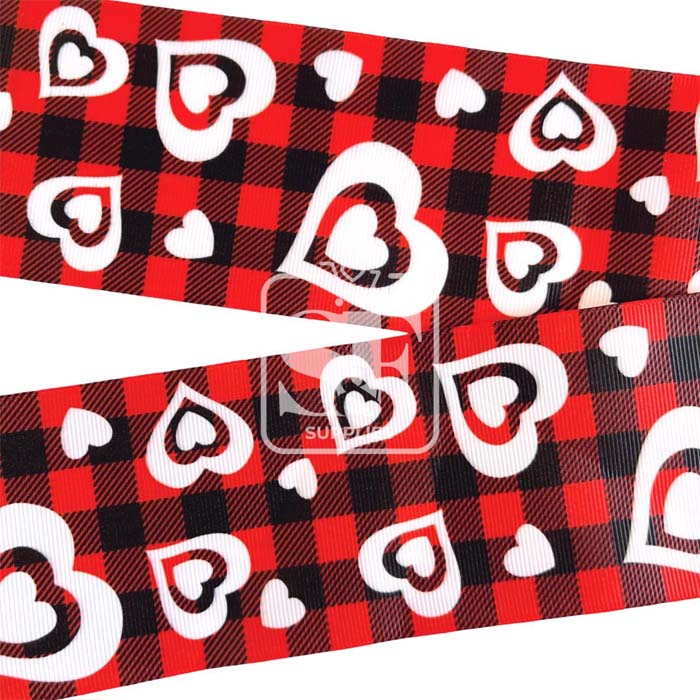 Yarda de Estampado 7.5cm Cuadros Corazones Blancos