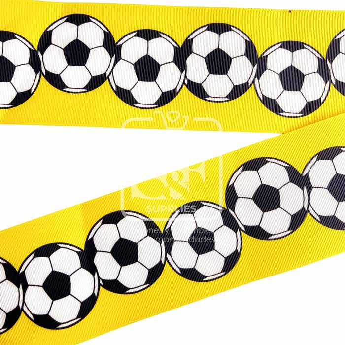 Yarda de Listón Estampado 7.5cm Amarillo Balones de Fut