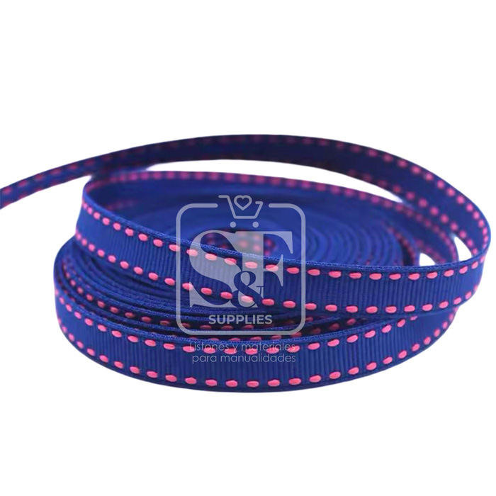 Yarda Acordonado 1cm Azul con costura Fucsia